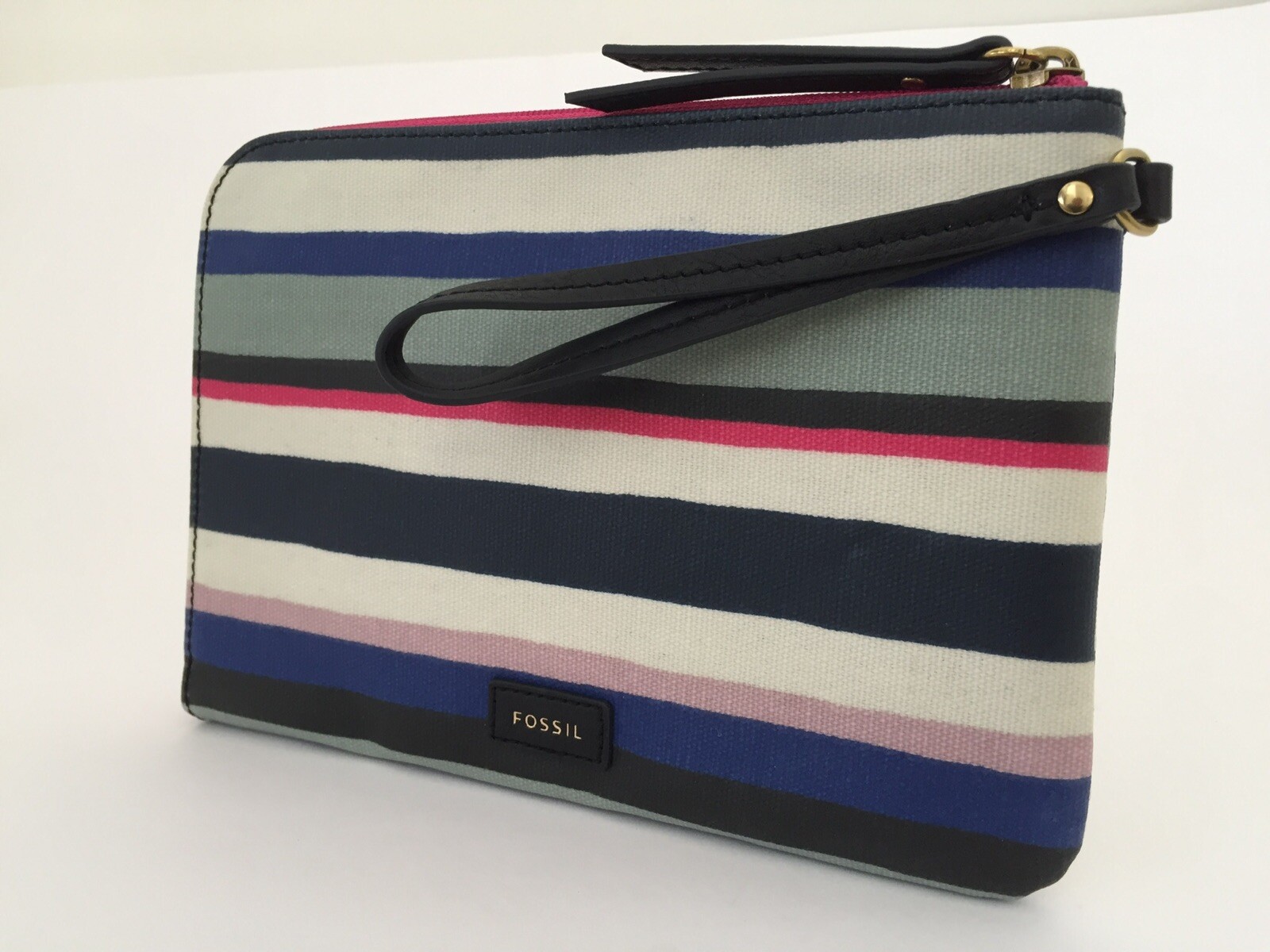 New Ladies Fossil 'Eliza' Large Blue Multi-stripe Zipped Wristlet Purse