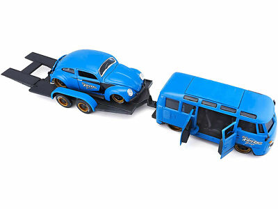 VOLKSWAGEN VAN SAMBA & BEETLE & TRAILER BLUE KOOL KAFERS SET 1;24