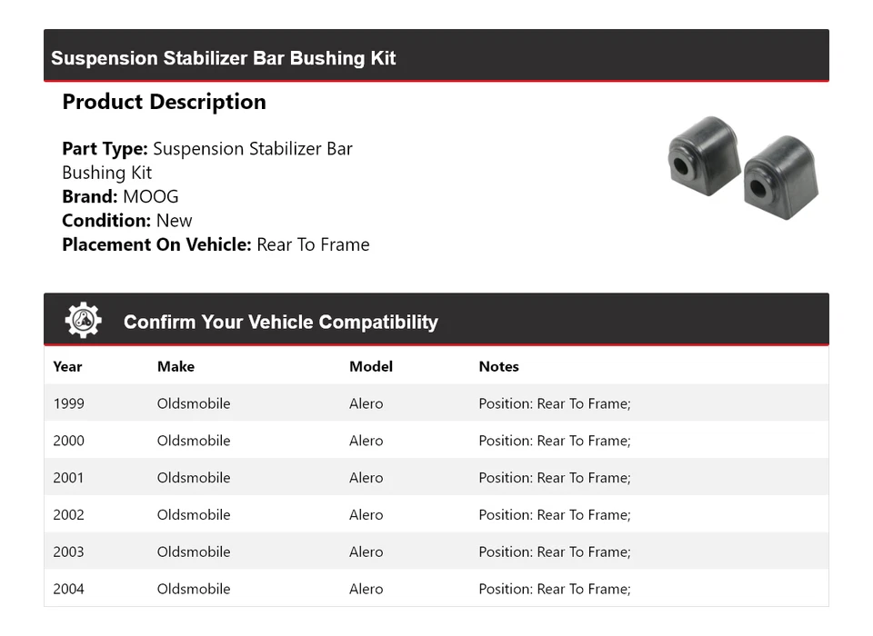 Kit de bucha barra estabilizadora suspensão Oldsmobile Alero 1999-2004 MOOG 1999 - Imagem 2 de 3
