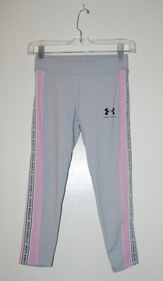 NWT Under Armour Girls Gray & Pink Taped Ankle Crop Length Sport Leggings sz M