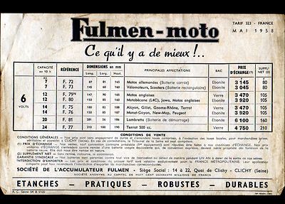 CLICHY (92) BATTERIEN AKKUS ''FULMEN-MOTO'' Tariftrakt 1958