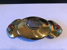 Ladies Belt Buckle Gold Tone Polished Stone Accent Inlay Large 2 Piece - Unique