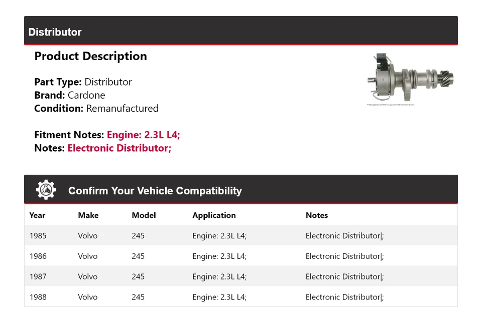 适用于 1985 - 1988 年沃尔沃 245 2.3L L4 分销商 Cardone 1986 1987 — 第 2/4 张图片