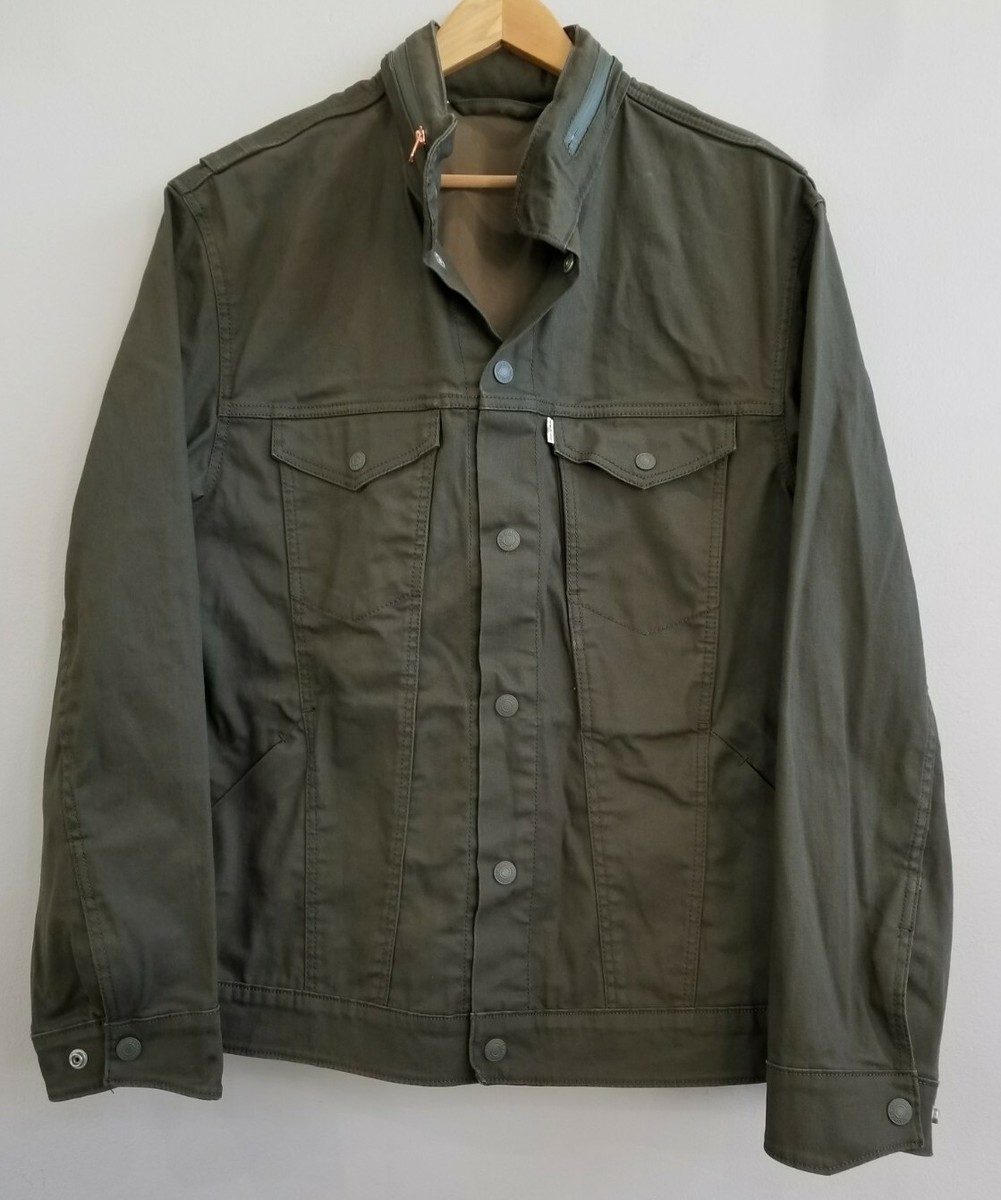Levis Mens Utility Army Green Outdoor Work Jacket Hoodie Snap