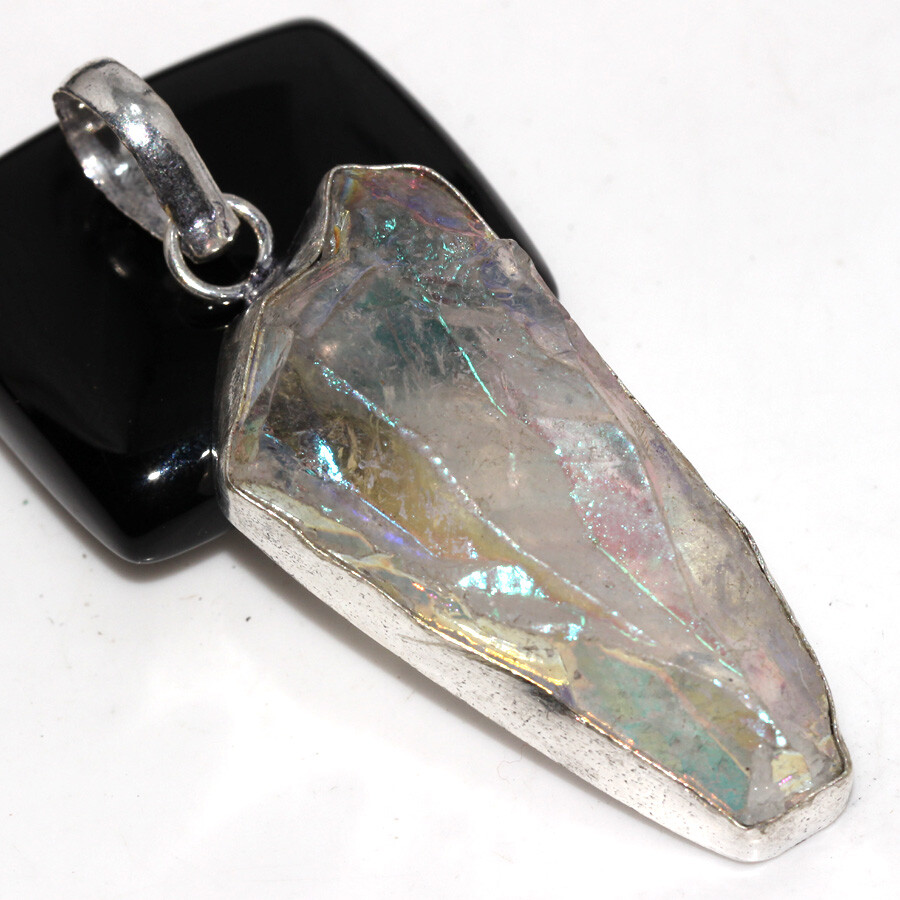 925 Silver Plated Crystal Titanium Aura Quartz Pendant Jewelry Size 2.3