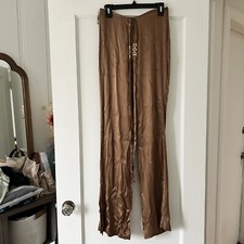 ASTR The Label Brown Moss Satin Pull On Belted Wide Leg Slit Pants Small NWOT
