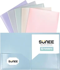 SUNEE Folders with Pockets (6 Pack, Pastel Colors), Plastic Multicolored 2 