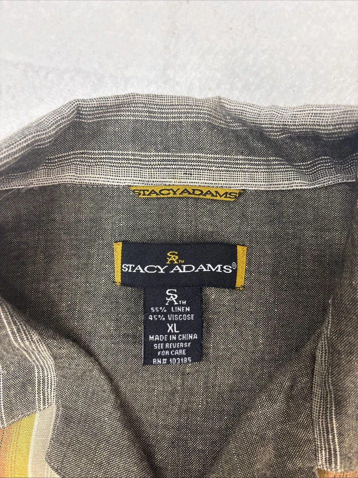 Camisa Stacy Adams Mezcla de Lino Rayas Manga Corta Para Hombre XL Marrón Tostado Dorado Foto 2 de 4