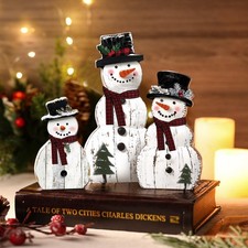 Christmas Decorations Snowman Wooden Block Sign Indoor Tabletop Xmas Gift 3 Pcs
