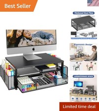 Sleek Black Laptop Stand with Adjustable Height and Built-in Storage Solutions