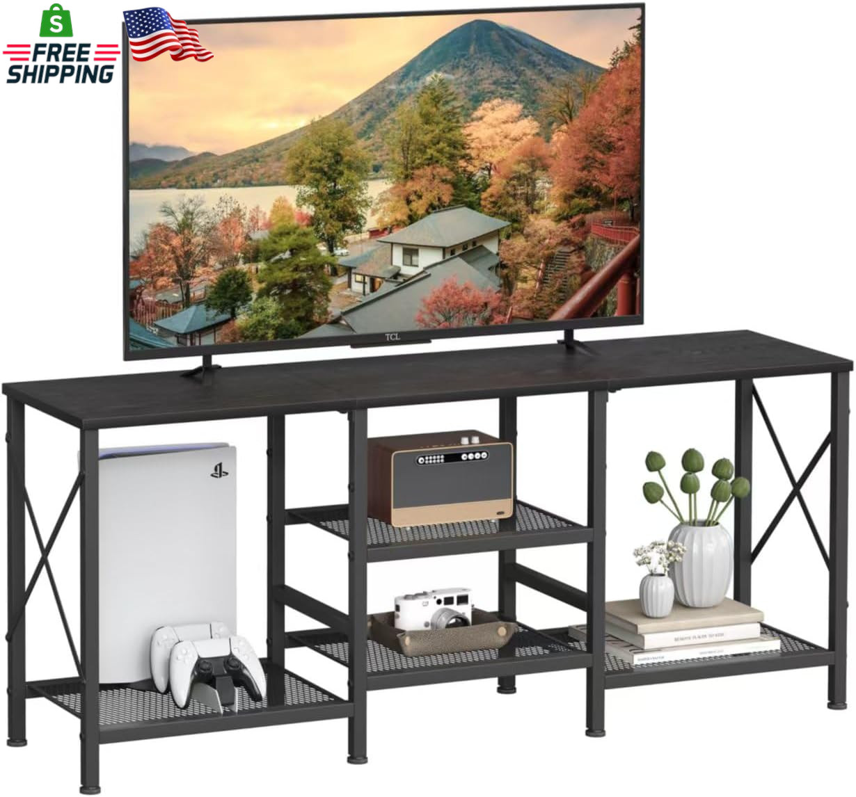 For 55 Inch Tv, Entertainment Center With 3-tier Open Shelve