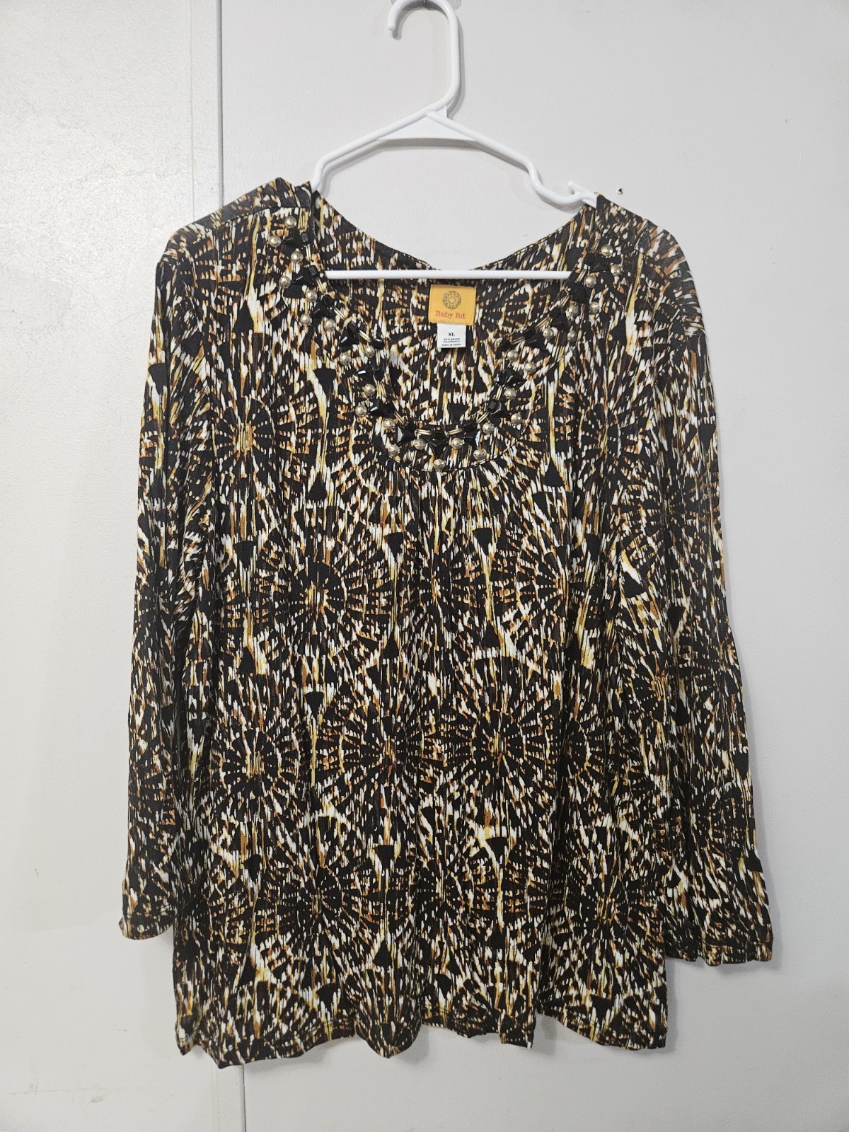 Ruby Rd. Patterned Blouse With Rhinestone Necklin… - image 1