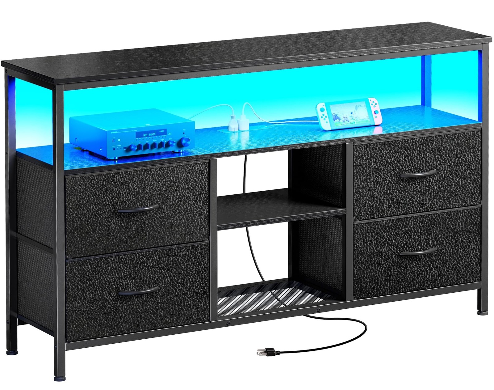 Dresser With Power Outlets And Led Lights, Fabric Dre...