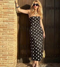 Zara Black White Polka Dot Strapless Midi Bodycon Dress Zip Closure Lined