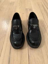 PRADA Triangle Logo Loafers Size 38 Womens Black Leather