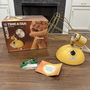 Vintage 1986 GE Deluxe Time A Tan Sun Lamp No Bulb WORKS! GE W/ SUNNIES & BOX