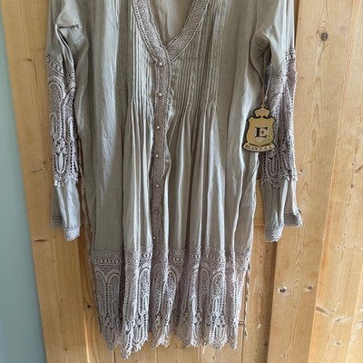 Elan USA Cotton Silk Crochet Lace Tunic Dress Taupe Boho Sheer Sz Medium NEW