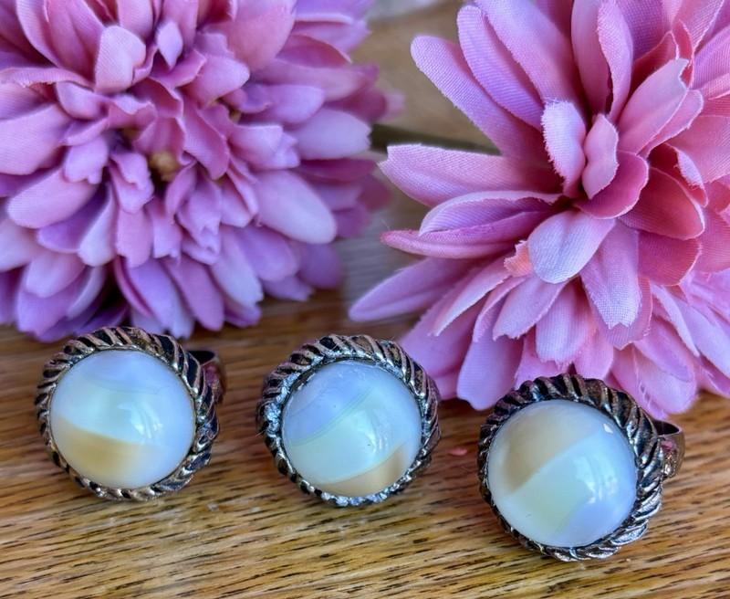 3 Vintage Cocktail Rings, Opal Like Cabochon, Adjustable 