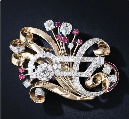 3.0Ct Round Cut Lab Created Ruby Flower Basket Brooch Pin 14K Yellow Gold Plated - Picture 4 of 5