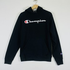 CHAMPION Black Big Logo Hoodie Lined Hood Sweatshirt Pullover Mens Sz Small