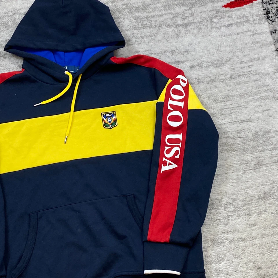 De Colección Polo Ralph Lauren Sudadera con Capucha Uni Crest Mediano Azul Rojo Poni RLPC Estadio Hombres Años 90 Foto 2 de 4