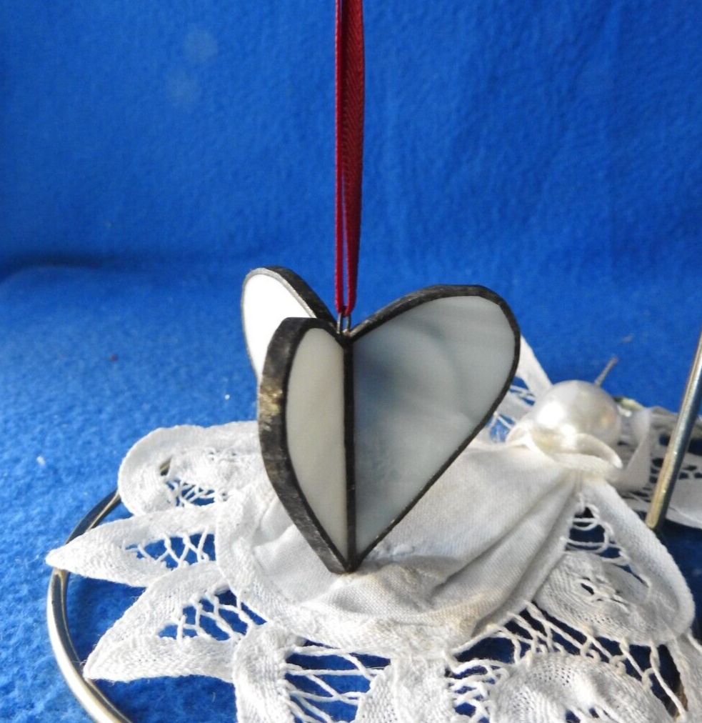 Vintage Stained Glass Leaded Tri Heart Ornament 2