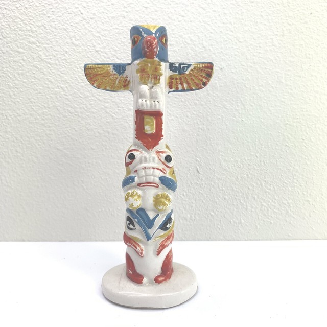 Totem Pole Porcelain Ceramic Statue Hand Painted Japan 7" tall Vintage