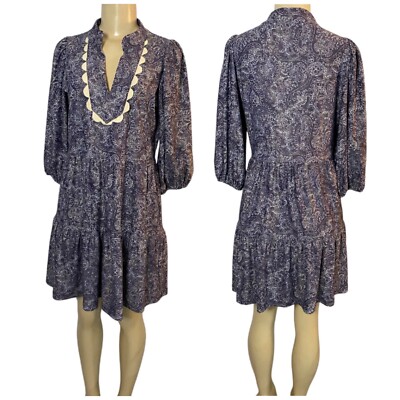 Smith & Quinn Paisley Mini Blue Floral Mini Dress Cottagecore Size Small Stretch