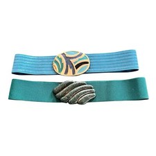 Lot 2 Vintage Stretch Belts With Large Retro Metal Buckles Turquoise Teal OS