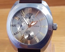 Mens Retro Turtle Style Brown Leather Guess Easy Read Day Date Analog Watch