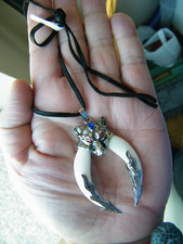 Coyote Necklace 2 White ResinTeeth Amult Real Black Leather Kid Size 14"-27" NEW