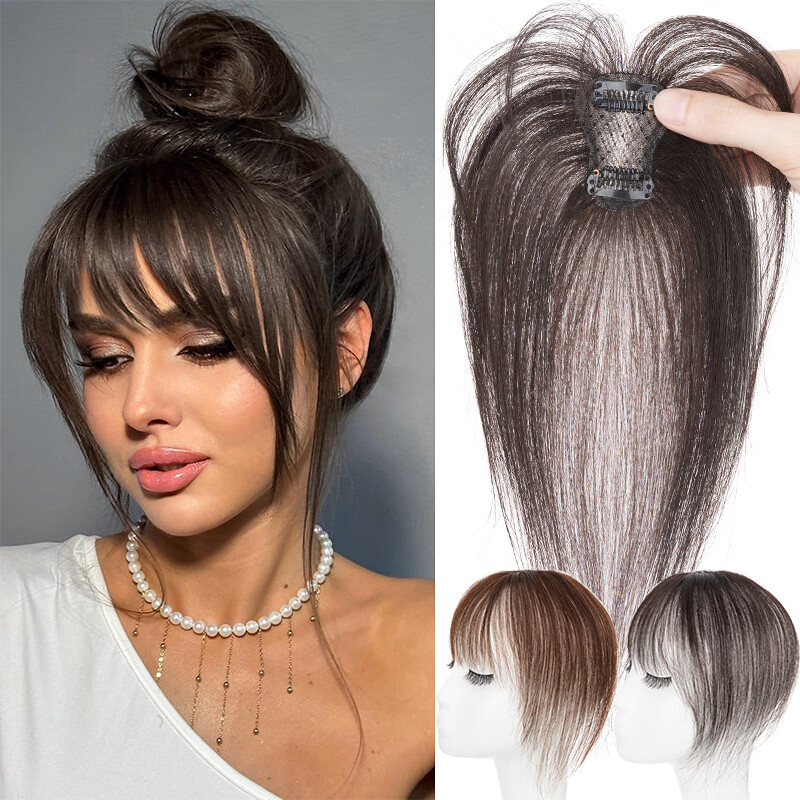 Real Human Hair Clip-In Bangs with 360° Coverage, 2 Secure Clips The Clip in Bangs 100% Real Human Hair Toppers Wispy Bangs  main image 3