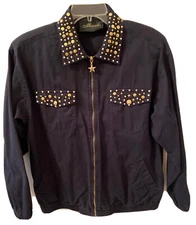 Mureli Black Cotton Zip Up Jacket Gold & Rhinestone Stars Studs SZ M Pockets