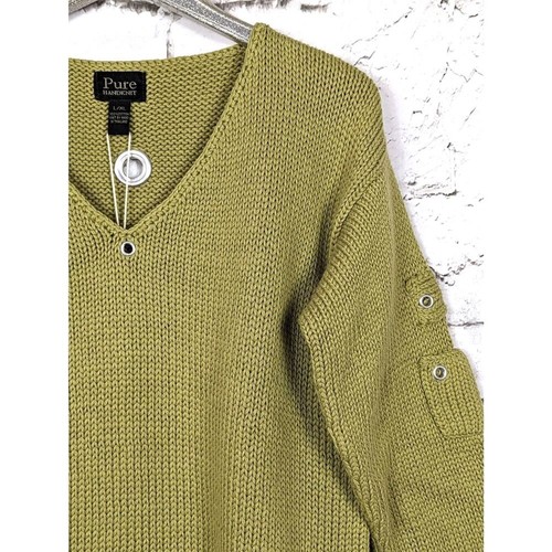 PURE HANDKNIT Grommet V-Neck Sweater Moss Green Minimalist Lagenlook L/XL NEW - Picture 2 of 8