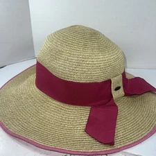 Scala 100% Paper Braid Hat With Pink Ribbon One Size Womens 14.5”