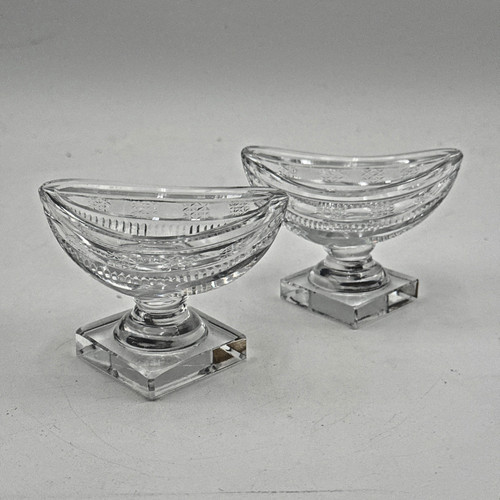 2 Waterford Style Crystal Cut Glass Pedestal Salt Cellars 3 1/2” Georgian style