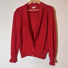 Beldock Popper Red Cotton Cardigan Sweater L USA Made Retro Diamond Knit 70s 80s