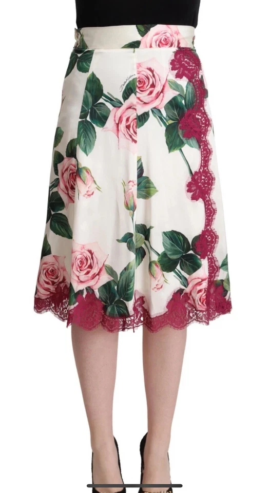 Falda Dolce & Gabbana Aline Blanca Estampado Rosa Cintura Alta Midi IT48/US14/XL $2000 Foto 3 de 4