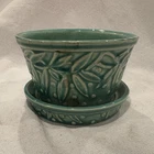 McCoy Green Glazed Ceramic Leaf Pattern Round Planter w/ Drainage & Saucer