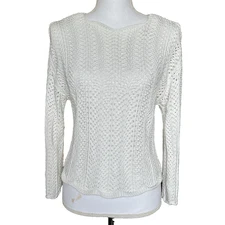 Wishlist Womens sz M Crochet Sweater White Crop Coastal Wide Sleeve