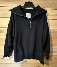 Aerie Women Black Oversized Quarter Zip Sweatshirt Pullover Size L Ribbed