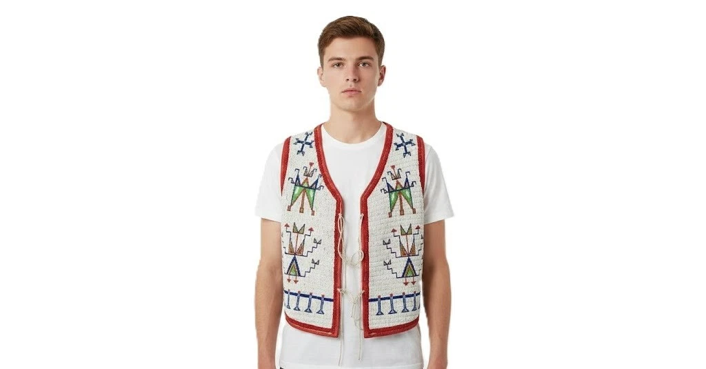 Vintage Beaded Powwow Vest Mens Cream Western Boho Geometric Motif Red Trim