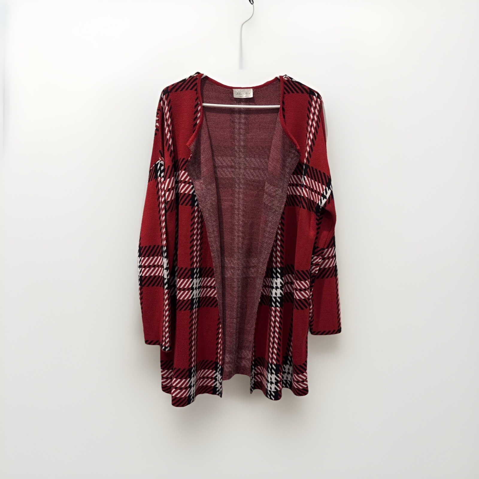Jillian Nicole Cardigan Women’s XL Red White Black Open Knit Cozy Layer Sweater