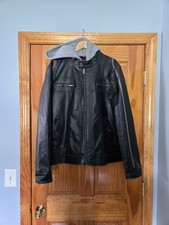 Guess Men's Black Leather Jacket Minimalist Zip Hooded Biker XL Classic Rare