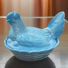 Vintage Light Blue Slag Glass-Hen On Nest-Lidded Candy Dish 6" X 5 1/4"