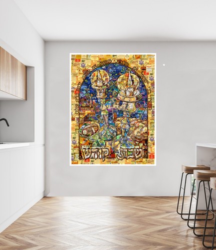 Art Collage Poster Print Shabbat Candles Made Out Of Kosher Wines Labels - Picture 8 of 8