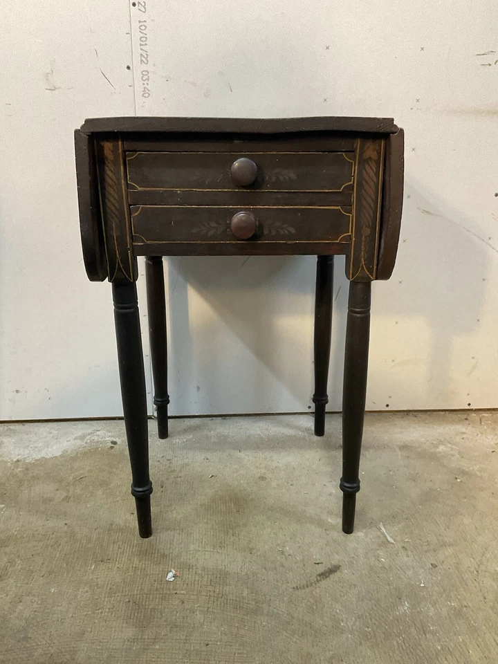 Antique Paint Decorated Sheraton Work Table Night Stand 2 Drawer Primitive Folk - Image 3 of 4