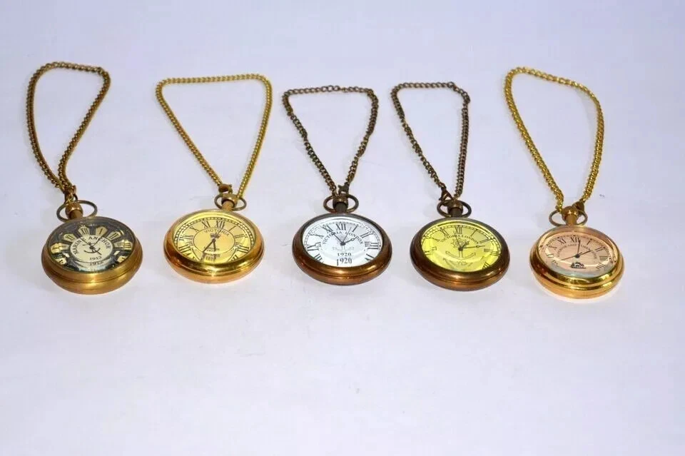 Antigo Relógio de Bolso Marítimo Vintage Latão com Corrente de Latão Conjunto de Cinco Presente - Imagem 4 de 4