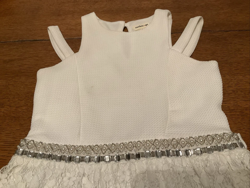 Monteau Girl S10 Shift Dress White Lace Overlay Waist Line  Formal Cold Shoulder - Изображение 4 из 4