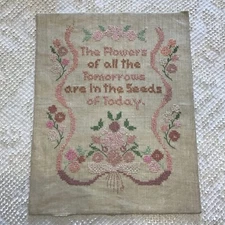 Vintage Unframed Rustic Cross Stitch Quote Floral Flowers Cottage Pink and Green